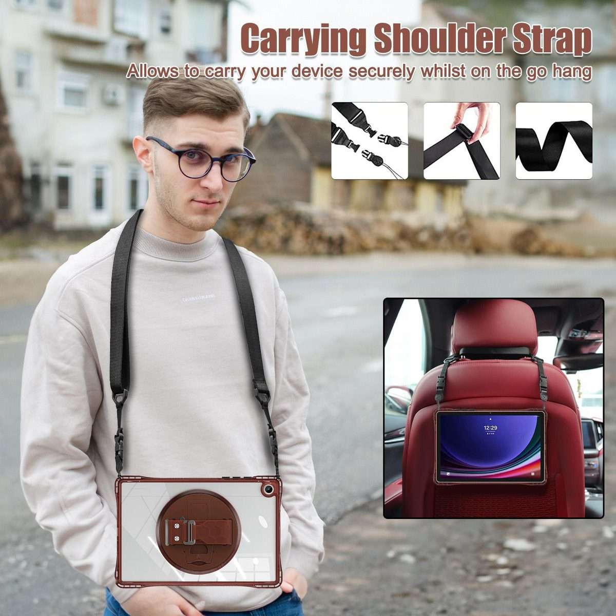 For Samsung Galaxy Tab A9+ Rotation Grip Holder TPU Hybrid Clear PC Tablet Case(Chocolate)