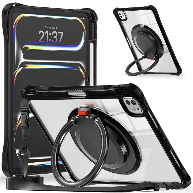 For iPad Pro 13 2025 / 2024 Rotation Ring Handle TPU Hybrid Clear PC Tablet Case(Black)