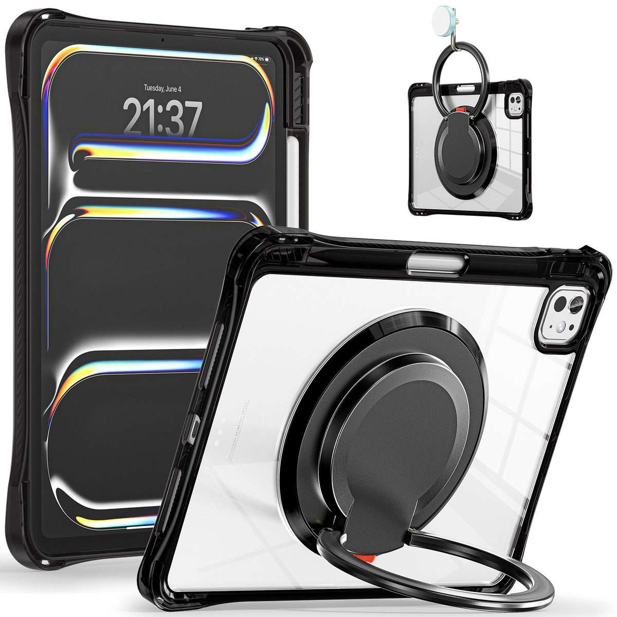 For iPad Pro 13 2025 / 2024 Rotation Ring Handle TPU Hybrid Clear PC Tablet Case(Black)