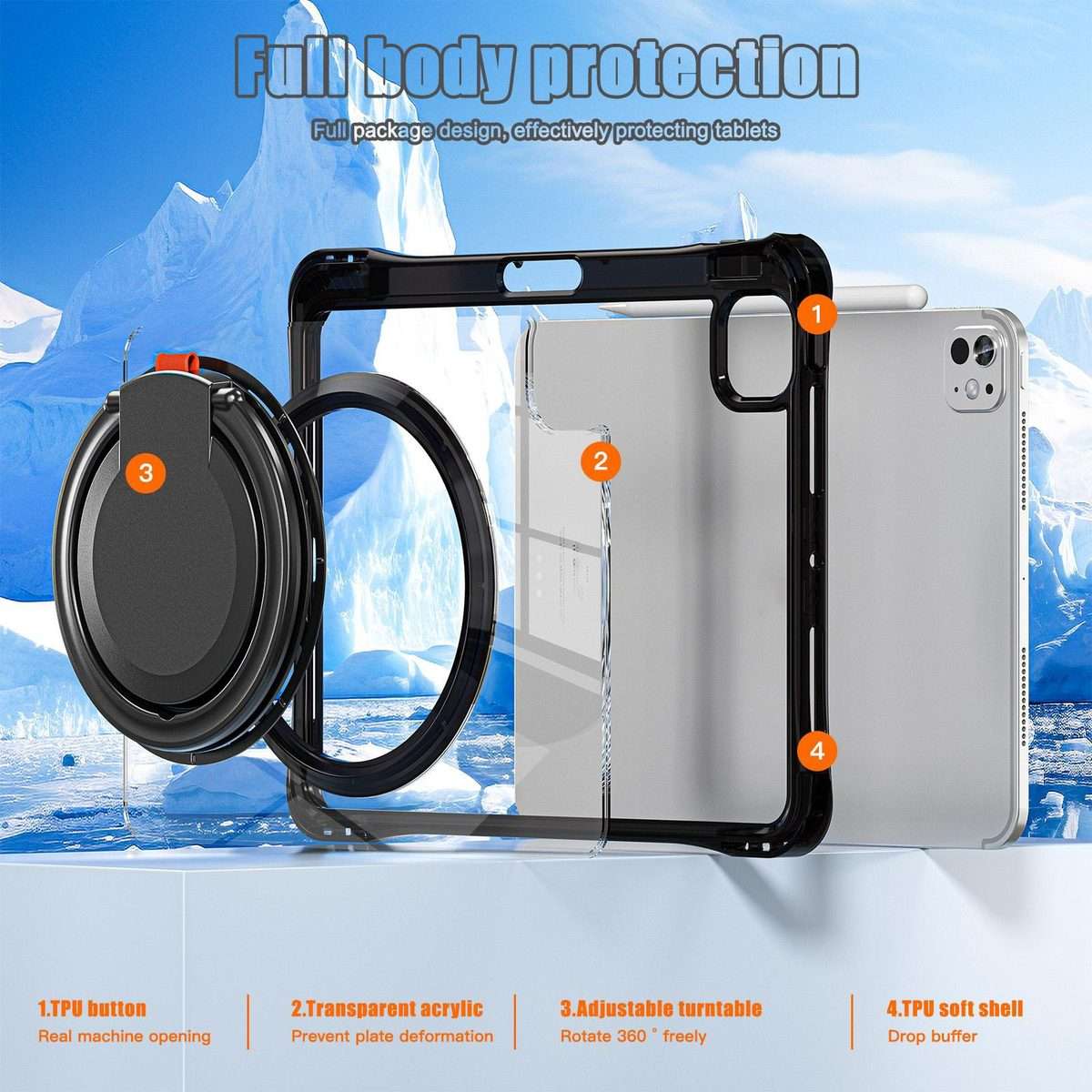 For iPad Pro 13 2025 / 2024 Rotation Ring Handle TPU Hybrid Clear PC Tablet Case(Black)