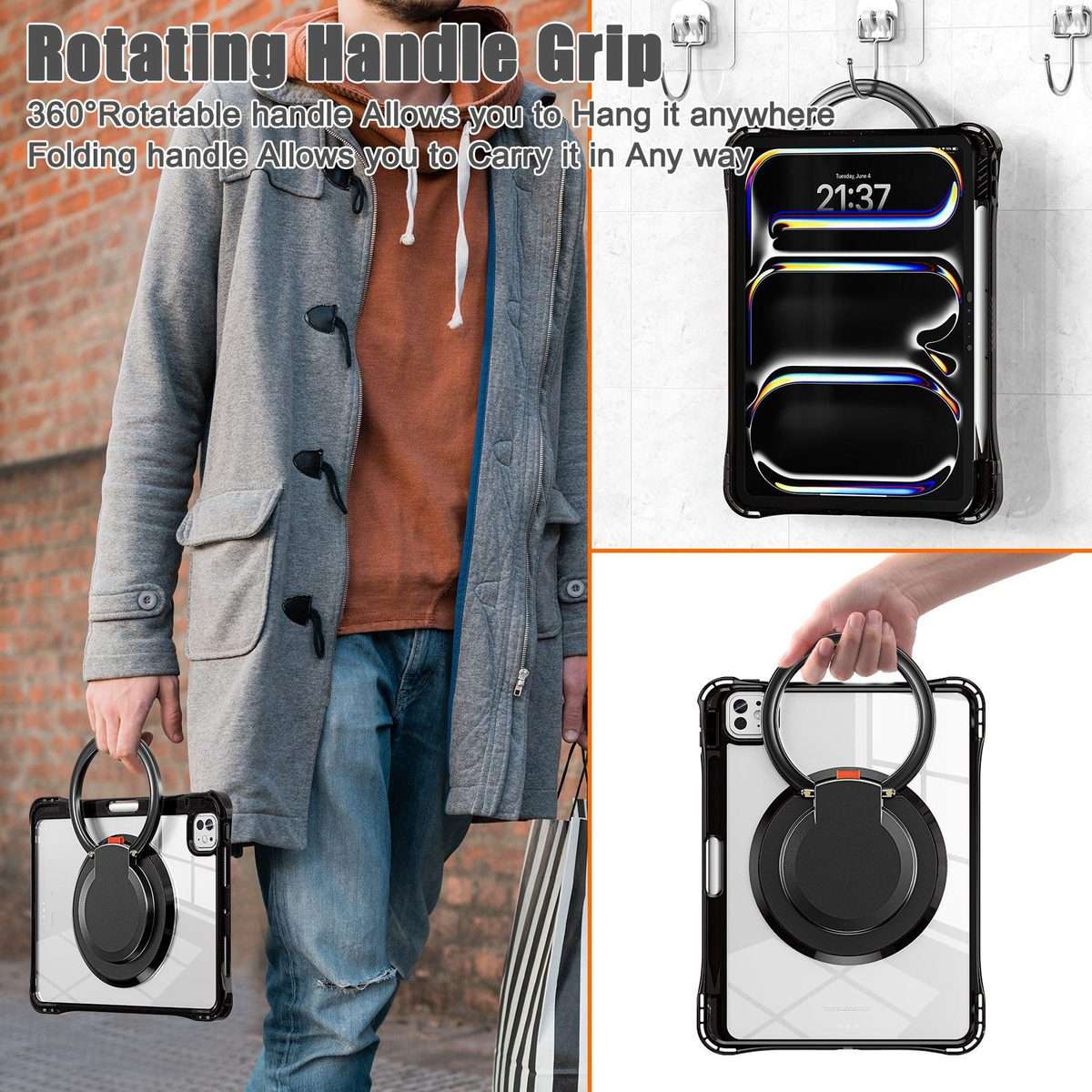 For iPad Pro 13 2025 / 2024 Rotation Ring Handle TPU Hybrid Clear PC Tablet Case(Black)