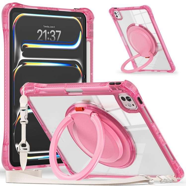 For iPad Pro 13 2025 / 2024 Rotation Ring Handle TPU Hybrid Clear PC Tablet Case(Red Rose)