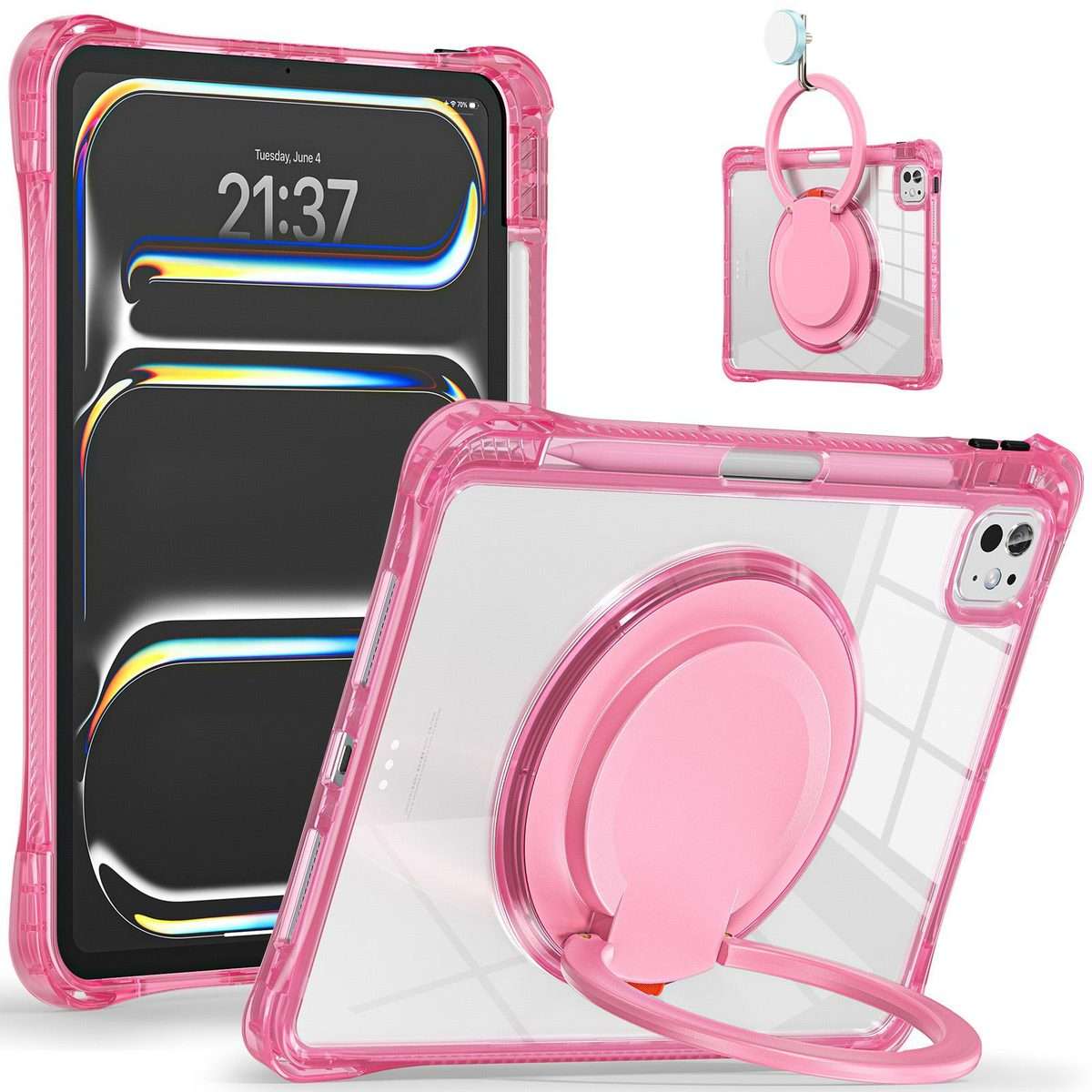 For iPad Pro 13 2025 / 2024 Rotation Ring Handle TPU Hybrid Clear PC Tablet Case(Red Rose)