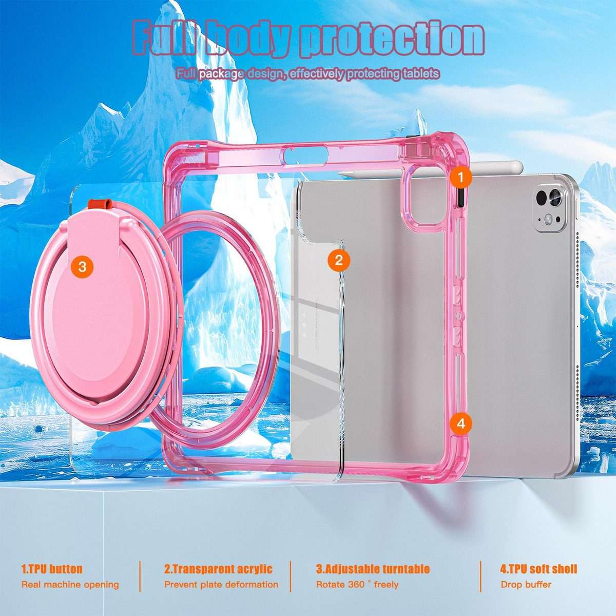 For iPad Pro 13 2025 / 2024 Rotation Ring Handle TPU Hybrid Clear PC Tablet Case(Red Rose)