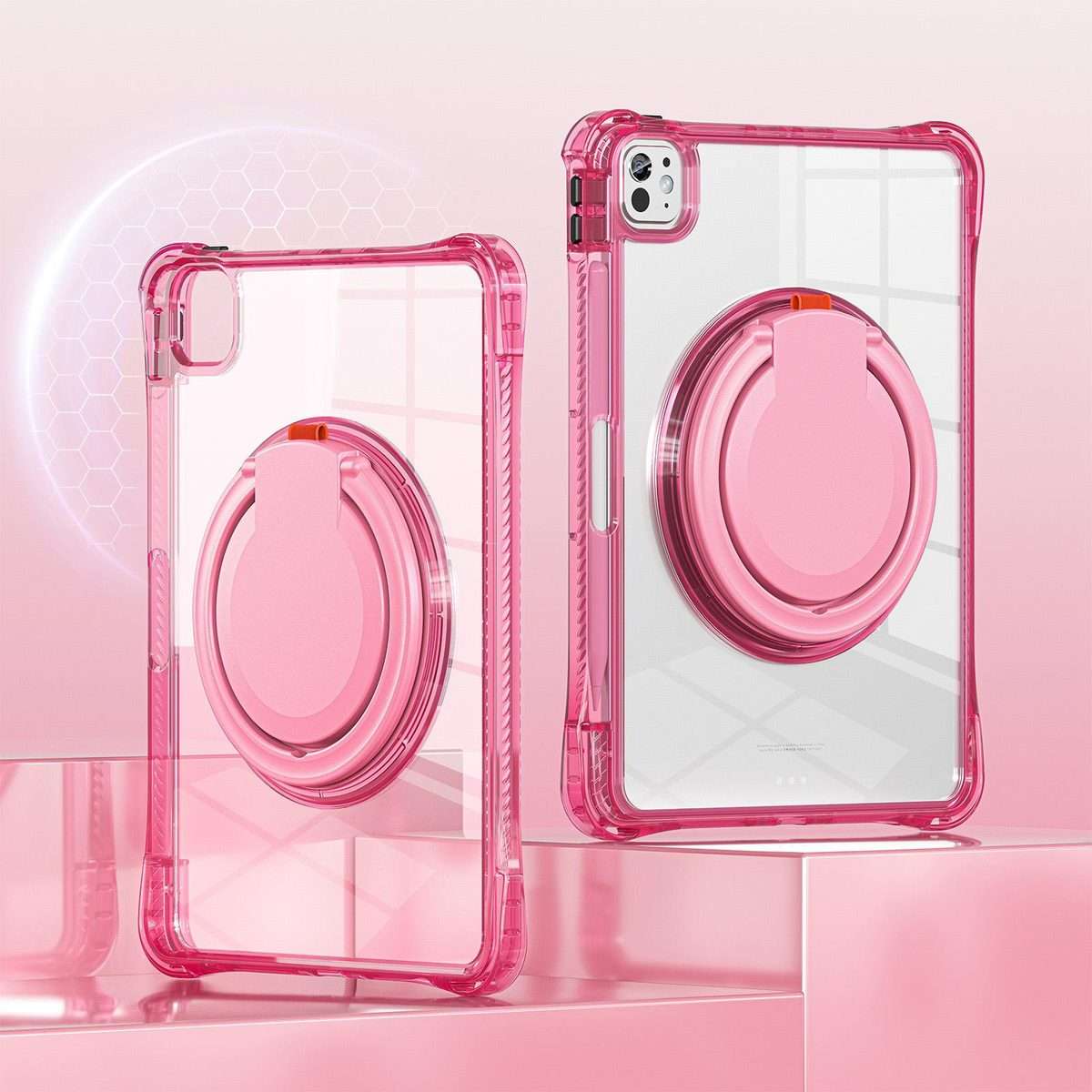 For iPad Pro 13 2025 / 2024 Rotation Ring Handle TPU Hybrid Clear PC Tablet Case(Red Rose)