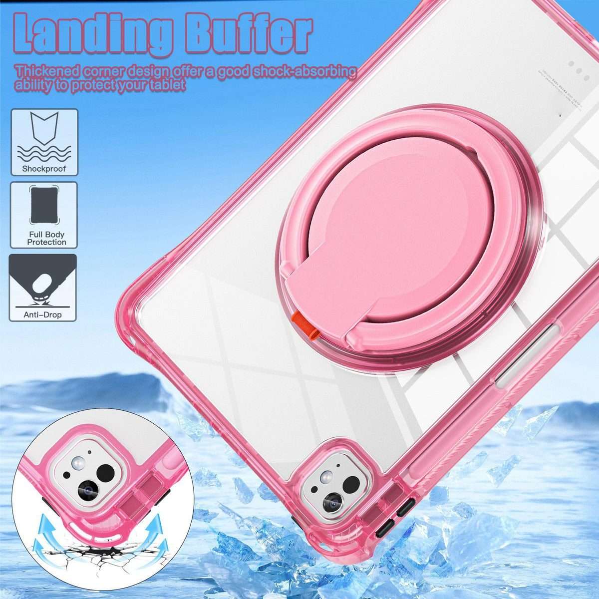 For iPad Pro 13 2025 / 2024 Rotation Ring Handle TPU Hybrid Clear PC Tablet Case(Red Rose)