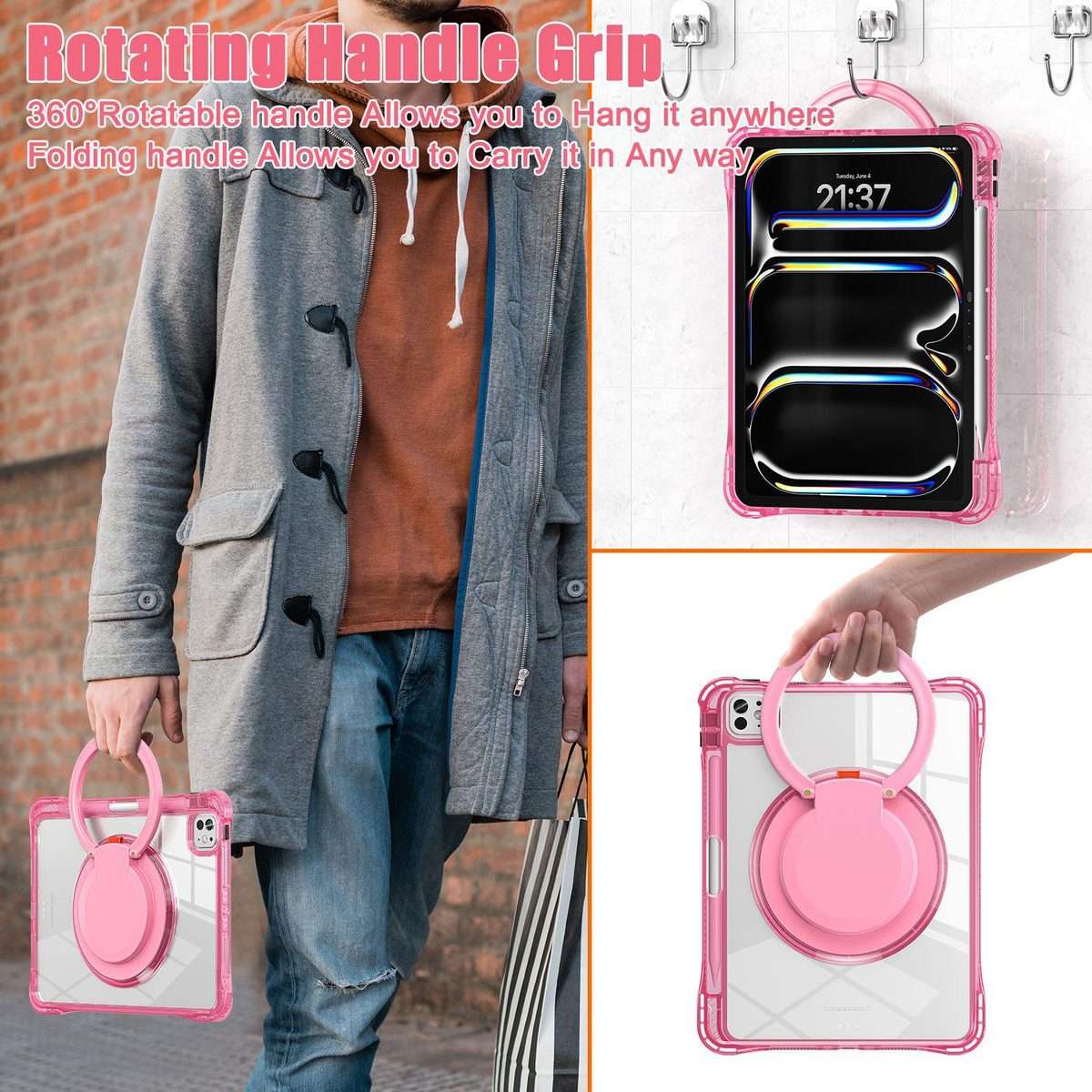 For iPad Pro 13 2025 / 2024 Rotation Ring Handle TPU Hybrid Clear PC Tablet Case(Red Rose)