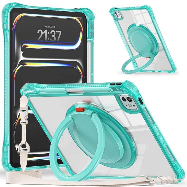 For iPad Pro 13 2025 / 2024 Rotation Ring Handle TPU Hybrid Clear PC Tablet Case(Light Green)