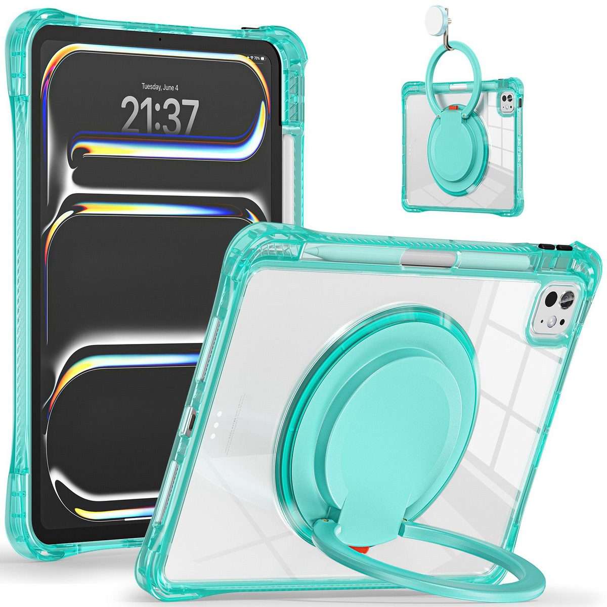 For iPad Pro 13 2025 / 2024 Rotation Ring Handle TPU Hybrid Clear PC Tablet Case(Light Green)
