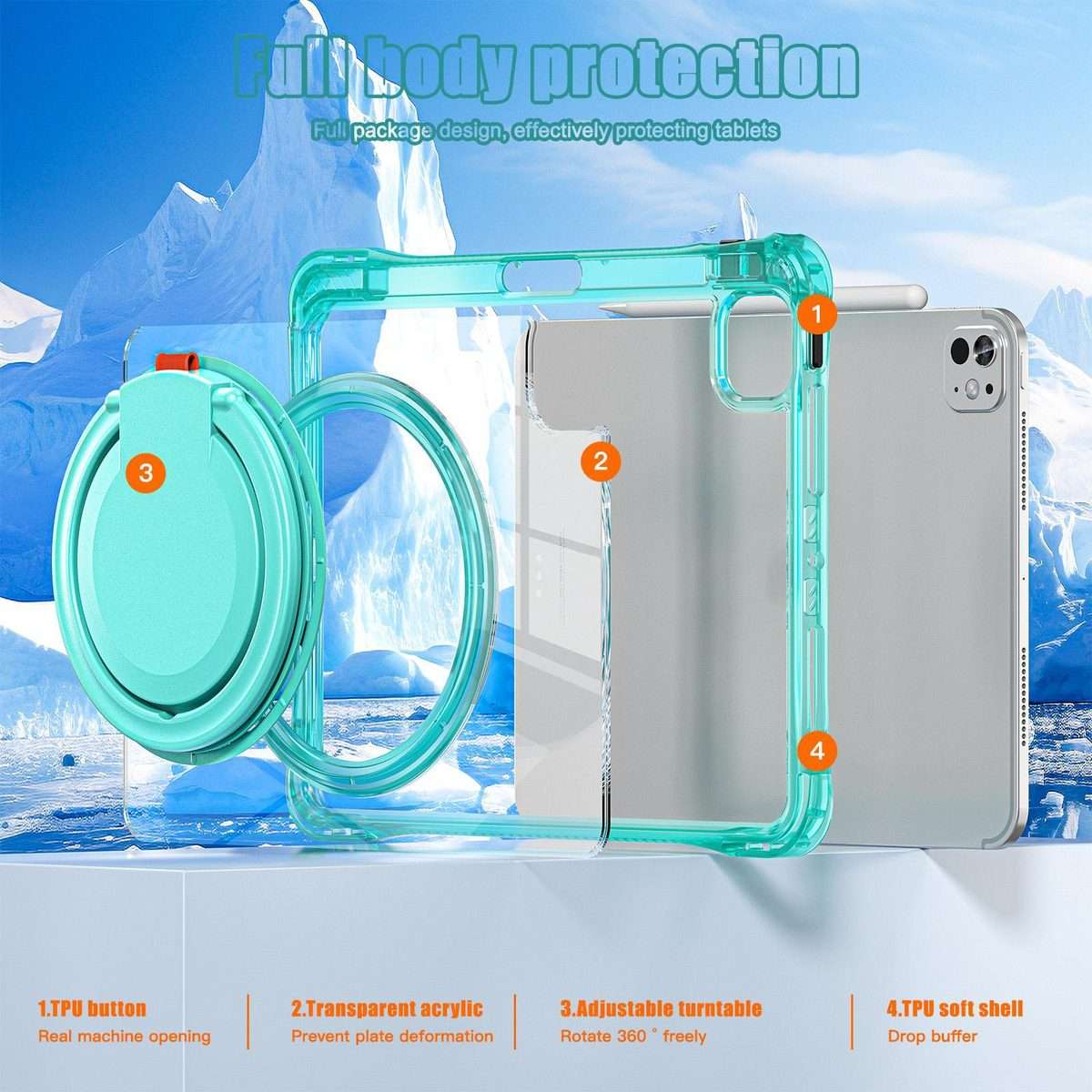 For iPad Pro 13 2025 / 2024 Rotation Ring Handle TPU Hybrid Clear PC Tablet Case(Light Green)