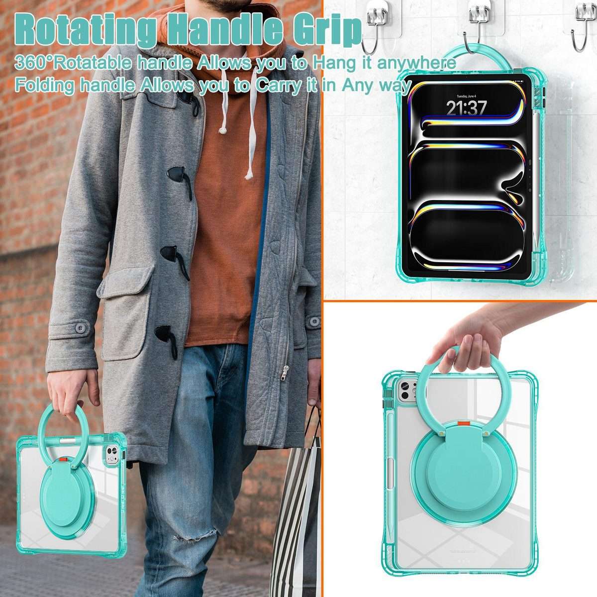 For iPad Pro 13 2025 / 2024 Rotation Ring Handle TPU Hybrid Clear PC Tablet Case(Light Green)