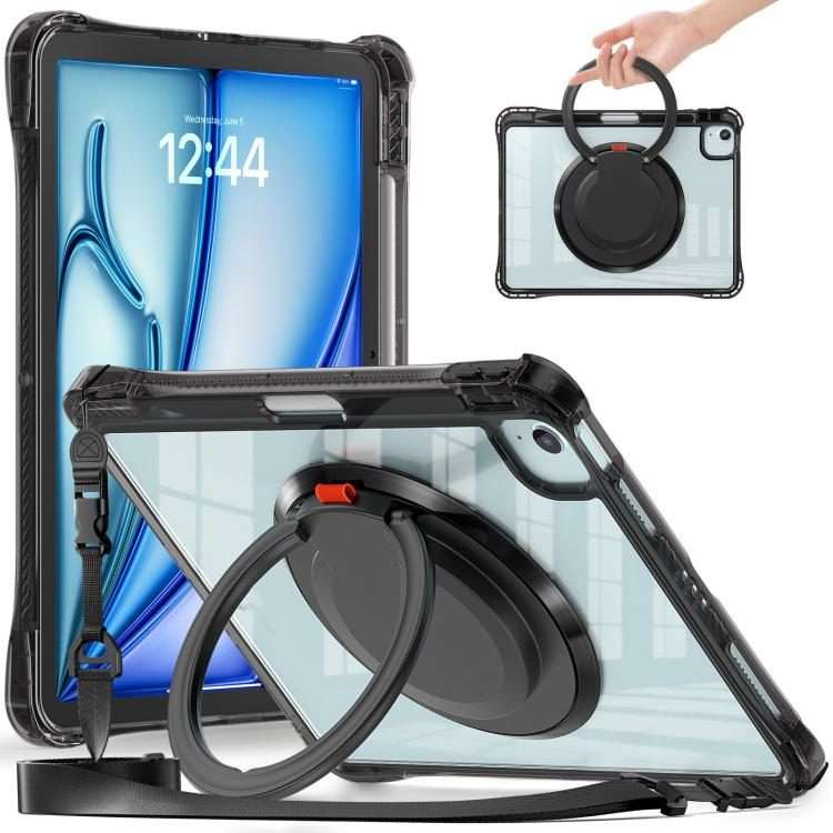 For iPad Air 13 2026 / 2025 / 2024 Rotation Ring Handle TPU Hybrid Clear PC Tablet Case(Black)