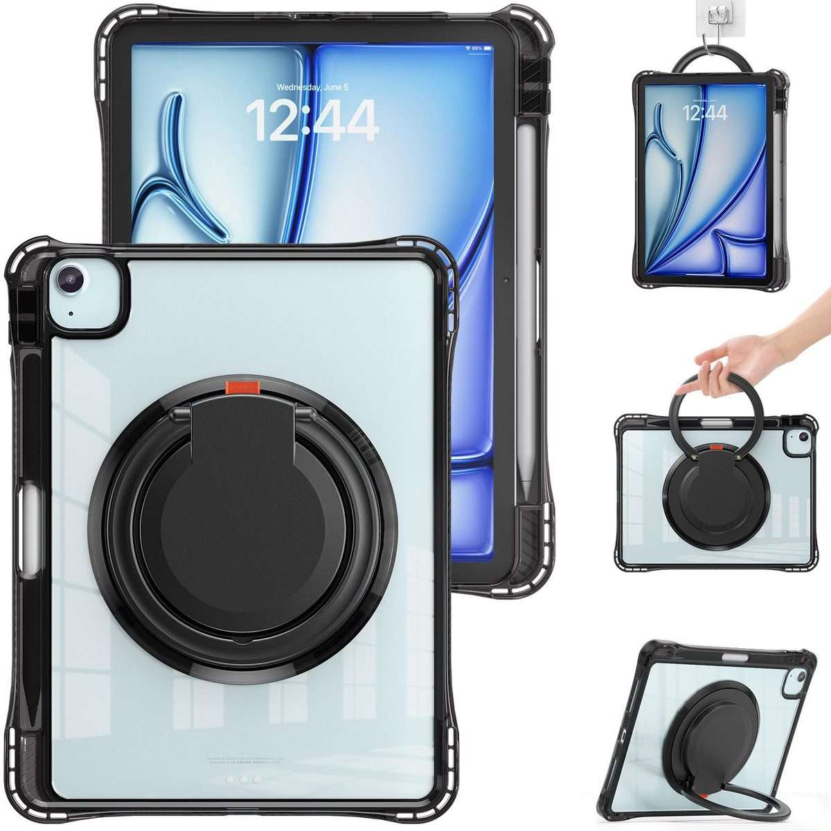 For iPad Air 13 2026 / 2025 / 2024 Rotation Ring Handle TPU Hybrid Clear PC Tablet Case(Black)