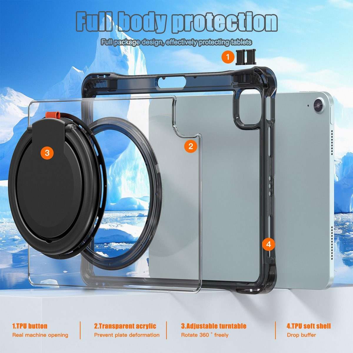 For iPad Air 13 2026 / 2025 / 2024 Rotation Ring Handle TPU Hybrid Clear PC Tablet Case(Black)