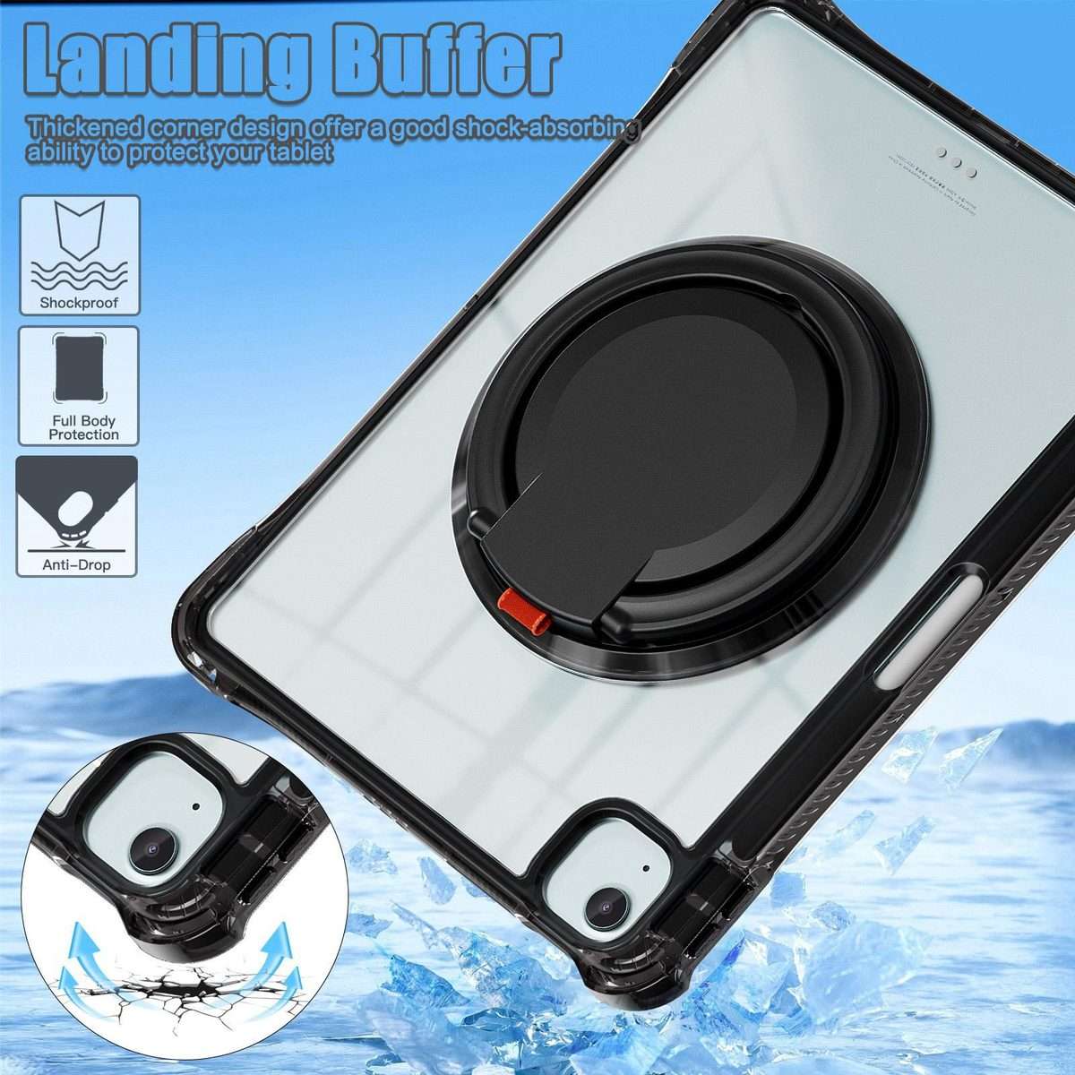 For iPad Air 13 2026 / 2025 / 2024 Rotation Ring Handle TPU Hybrid Clear PC Tablet Case(Black)