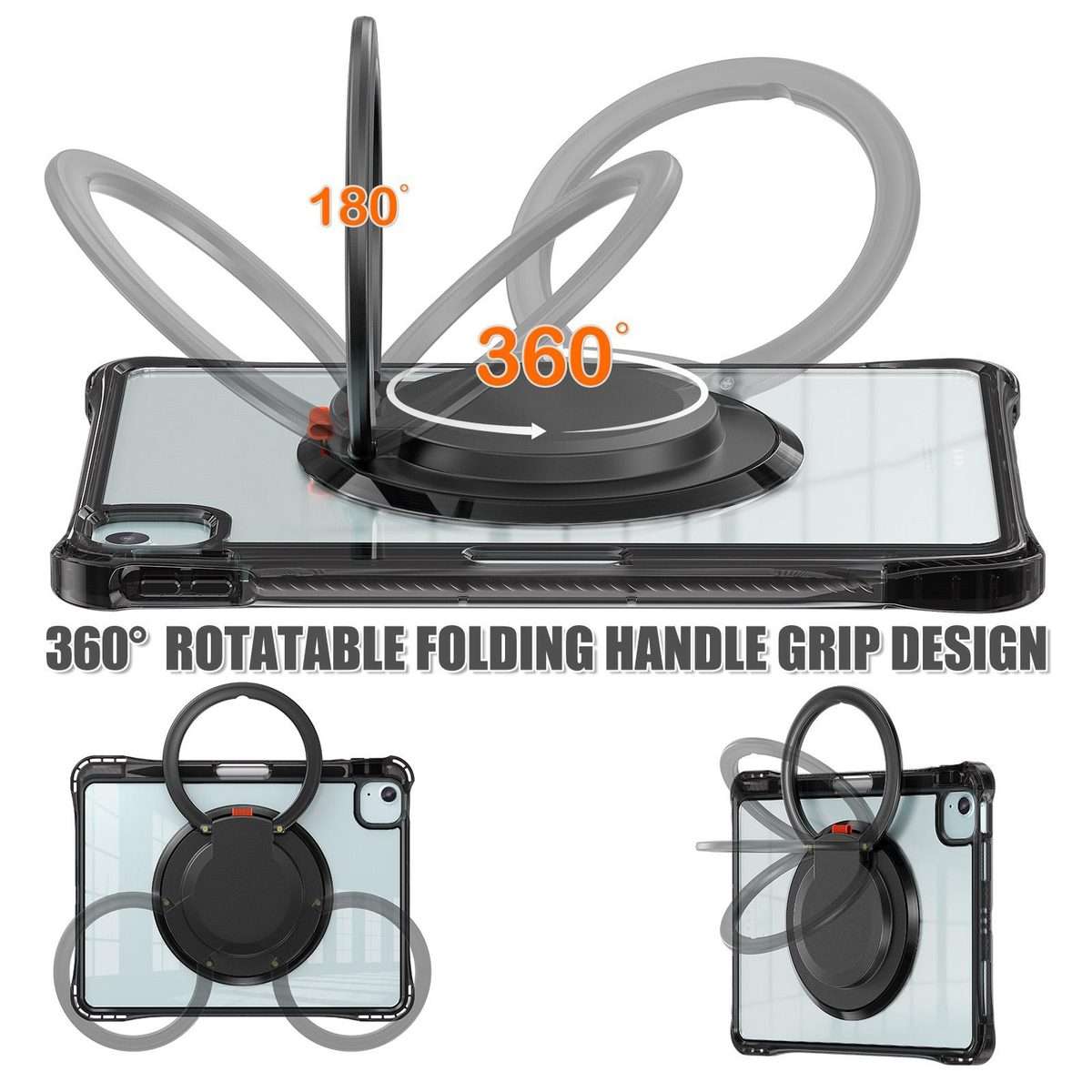 For iPad Air 13 2026 / 2025 / 2024 Rotation Ring Handle TPU Hybrid Clear PC Tablet Case(Black)