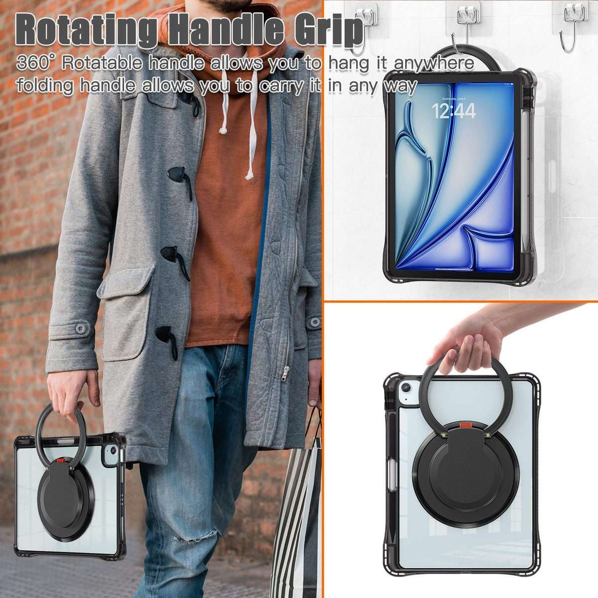 For iPad Air 13 2026 / 2025 / 2024 Rotation Ring Handle TPU Hybrid Clear PC Tablet Case(Black)