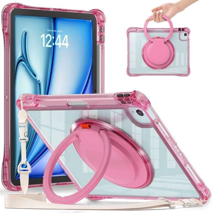 For iPad Air 13 2026 / 2025 / 2024 Rotation Ring Handle TPU Hybrid Clear PC Tablet Case(Red Rose)
