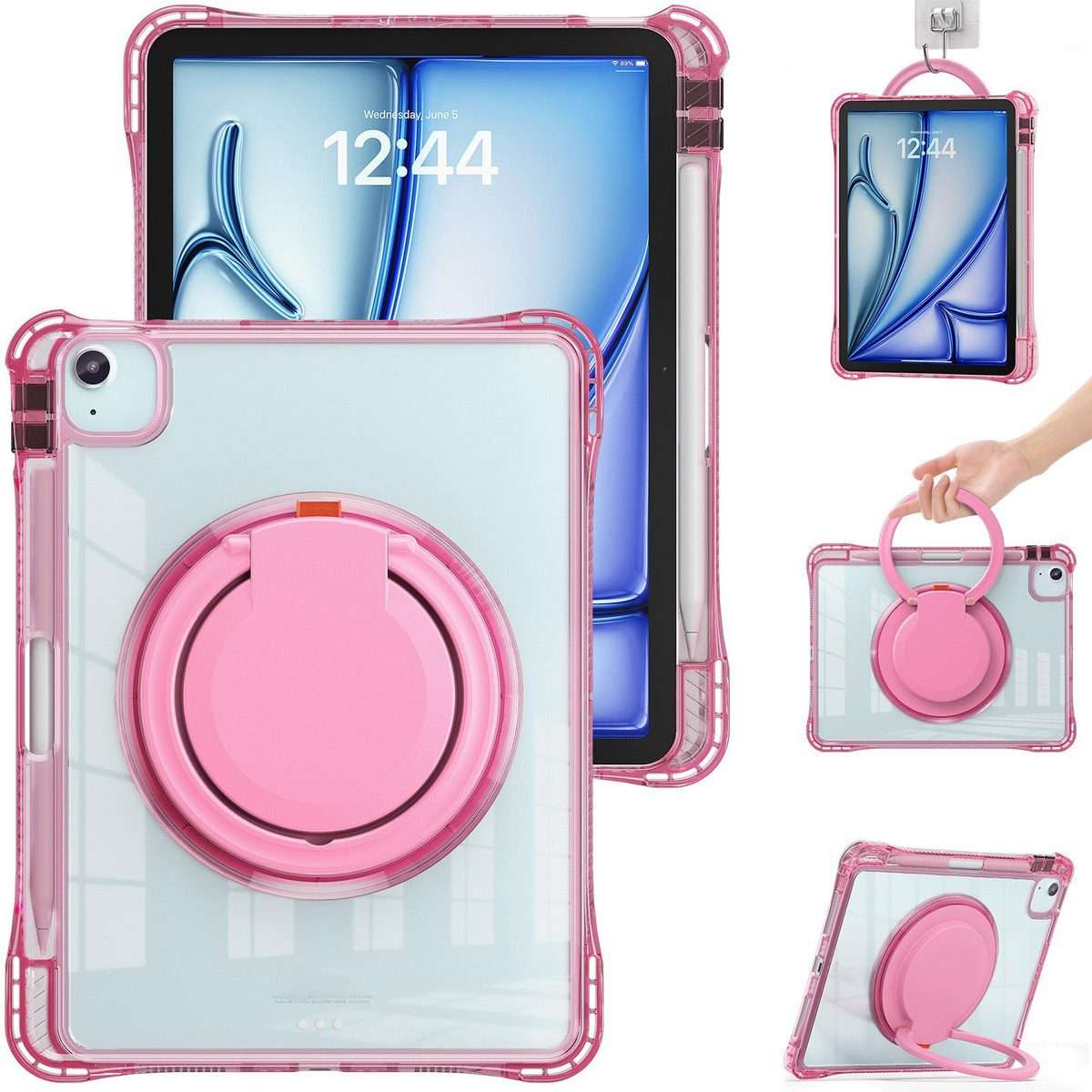 For iPad Air 13 2026 / 2025 / 2024 Rotation Ring Handle TPU Hybrid Clear PC Tablet Case(Red Rose)