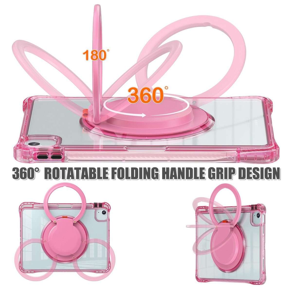 For iPad Air 13 2026 / 2025 / 2024 Rotation Ring Handle TPU Hybrid Clear PC Tablet Case(Red Rose)