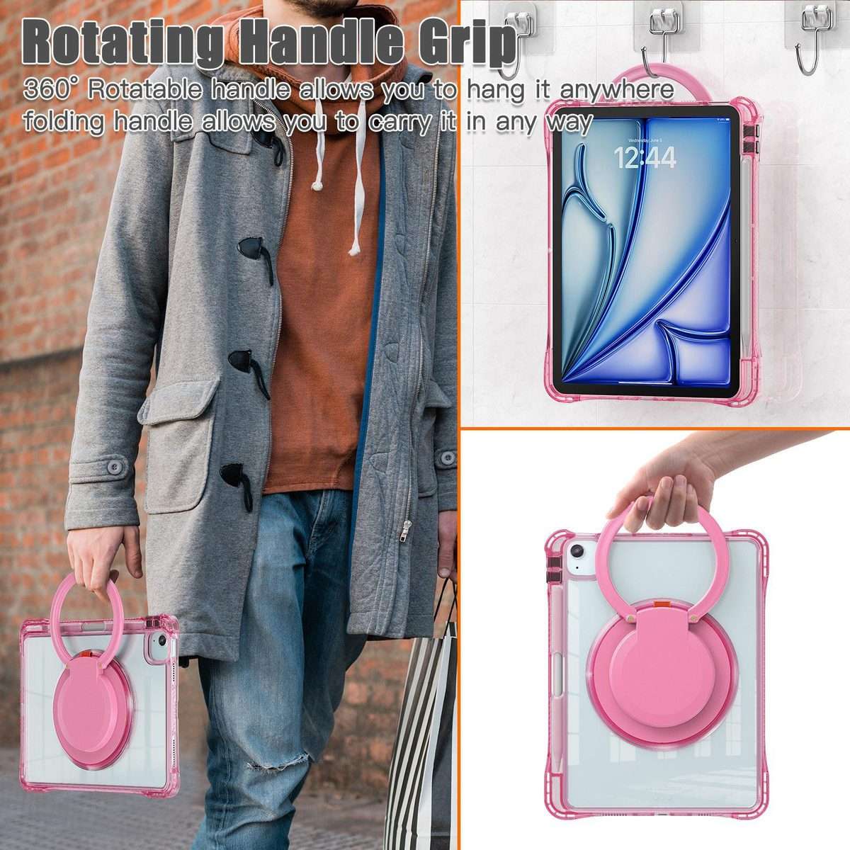 For iPad Air 13 2026 / 2025 / 2024 Rotation Ring Handle TPU Hybrid Clear PC Tablet Case(Red Rose)