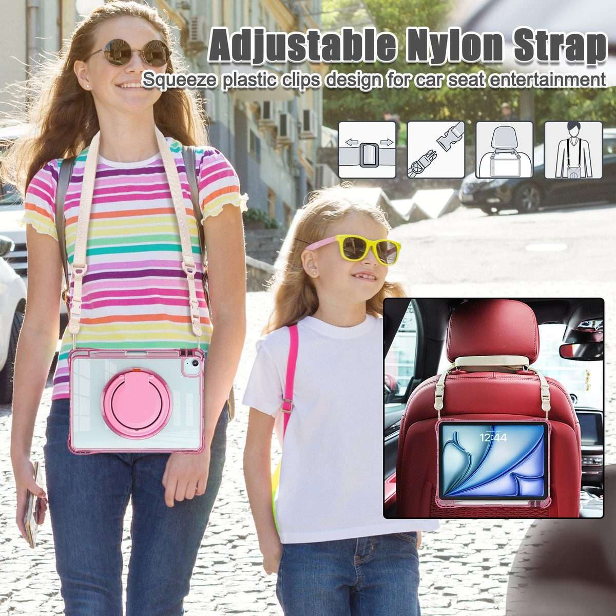 For iPad Air 13 2026 / 2025 / 2024 Rotation Ring Handle TPU Hybrid Clear PC Tablet Case(Red Rose)