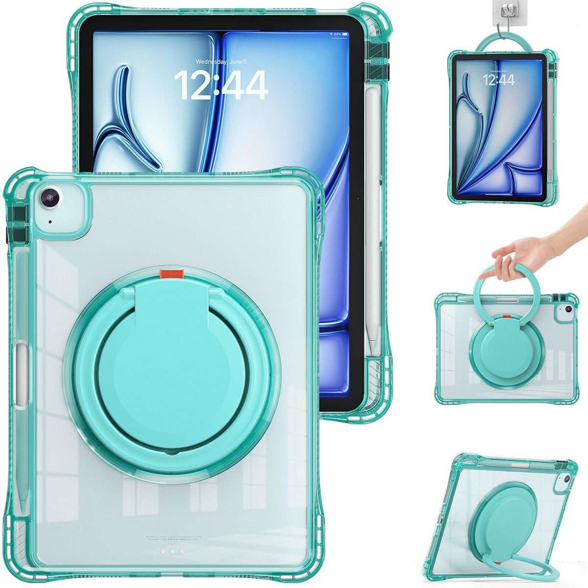 For iPad Air 13 2026 / 2025 / 2024 Rotation Ring Handle TPU Hybrid Clear PC Tabl ... (Light Green)