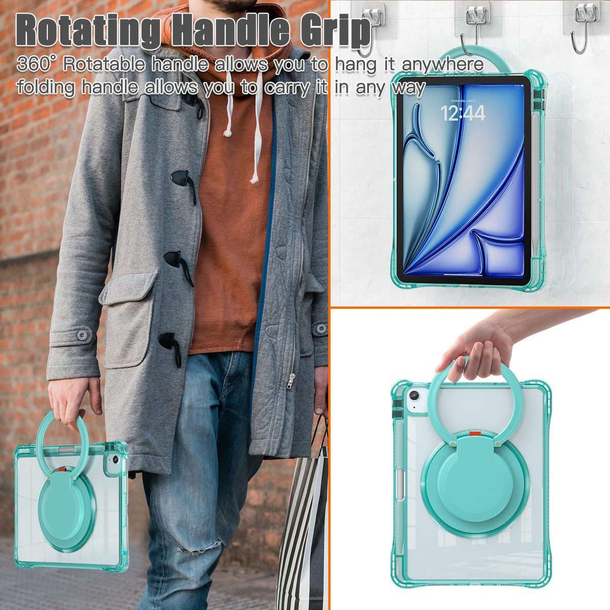 For iPad Air 13 2026 / 2025 / 2024 Rotation Ring Handle TPU Hybrid Clear PC Tabl ... (Light Green)