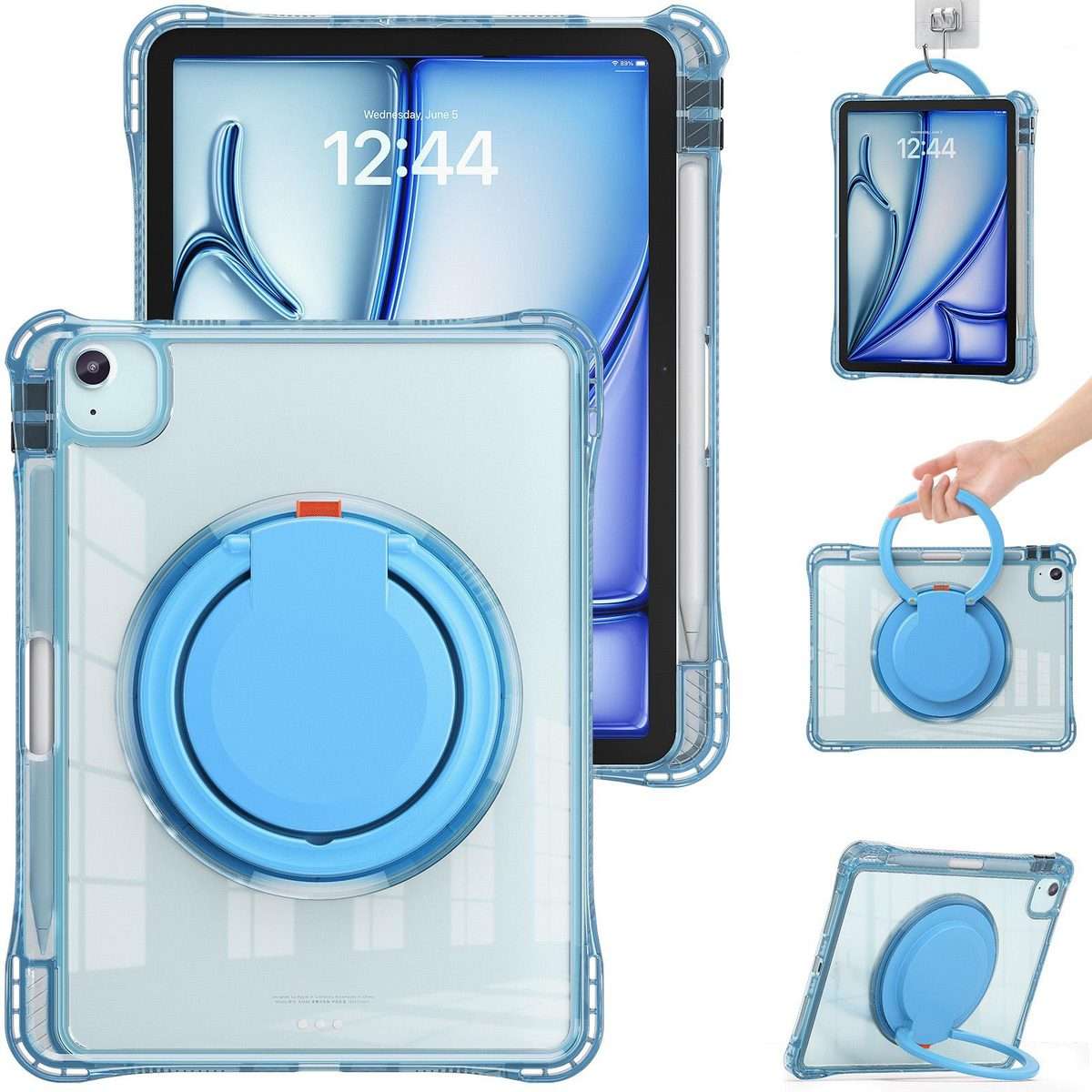 For iPad Air 11 2026 / 2025 / 2024 Rotation Ring Handle TPU Hybrid Clear PC Table ... (Light Blue)