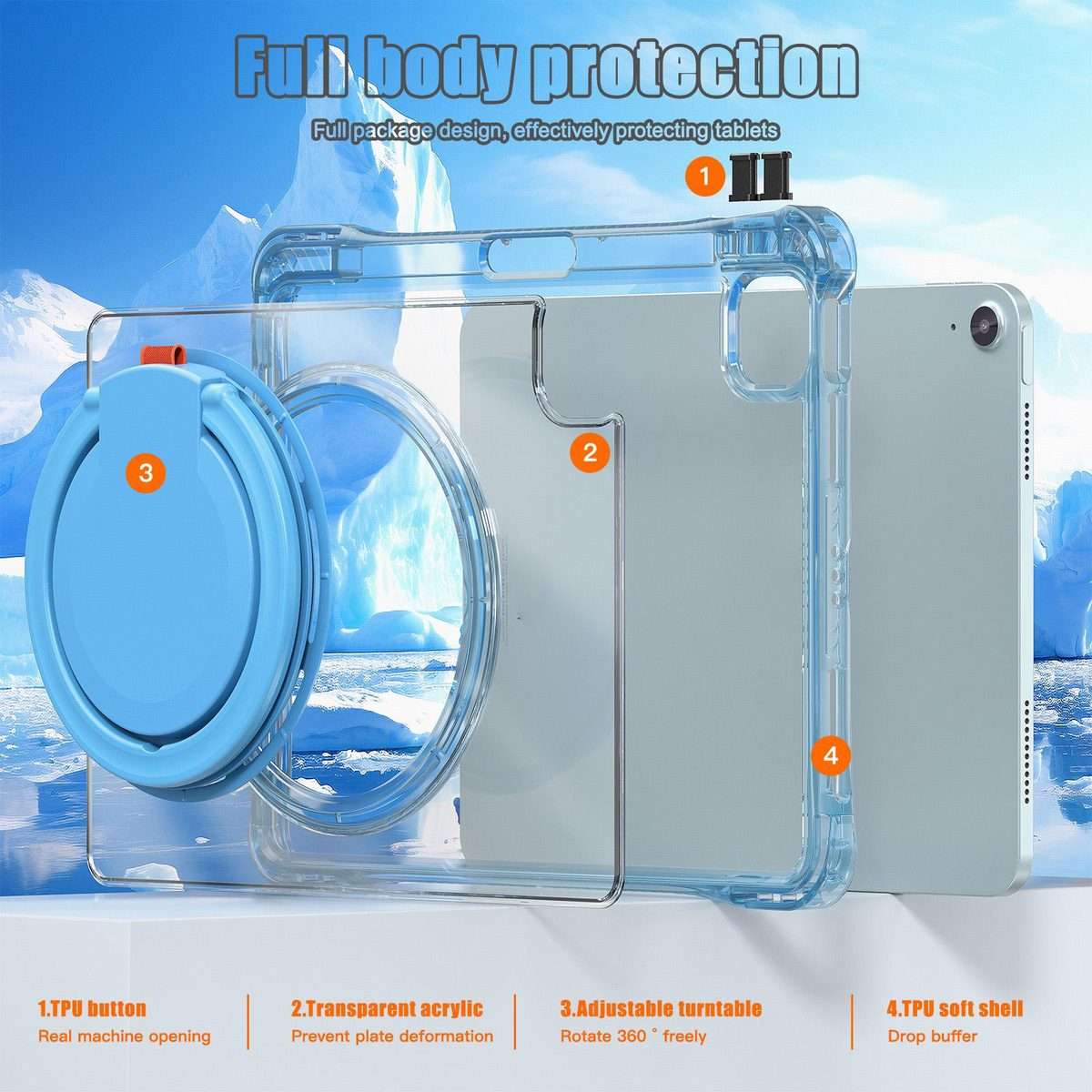 For iPad Air 11 2026 / 2025 / 2024 Rotation Ring Handle TPU Hybrid Clear PC Table ... (Light Blue)