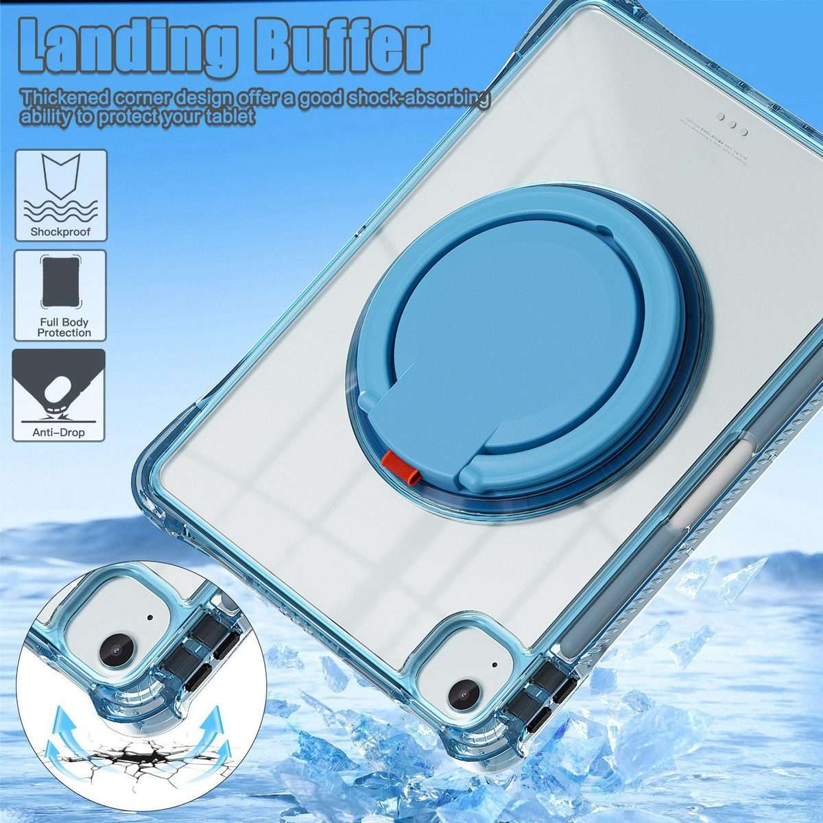 For iPad Air 11 2026 / 2025 / 2024 Rotation Ring Handle TPU Hybrid Clear PC Table ... (Light Blue)