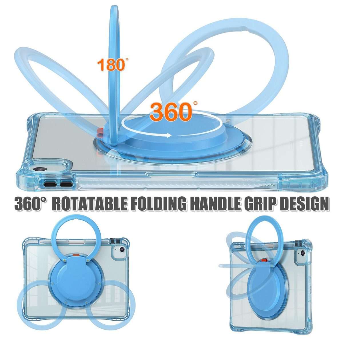 For iPad Air 11 2026 / 2025 / 2024 Rotation Ring Handle TPU Hybrid Clear PC Table ... (Light Blue)