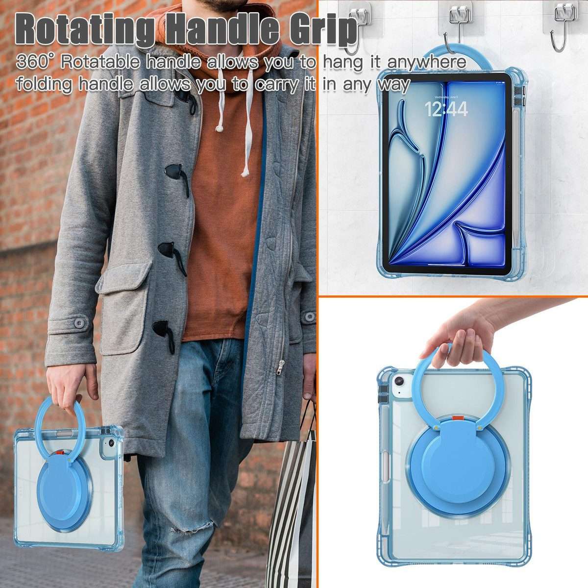 For iPad Air 11 2026 / 2025 / 2024 Rotation Ring Handle TPU Hybrid Clear PC Table ... (Light Blue)