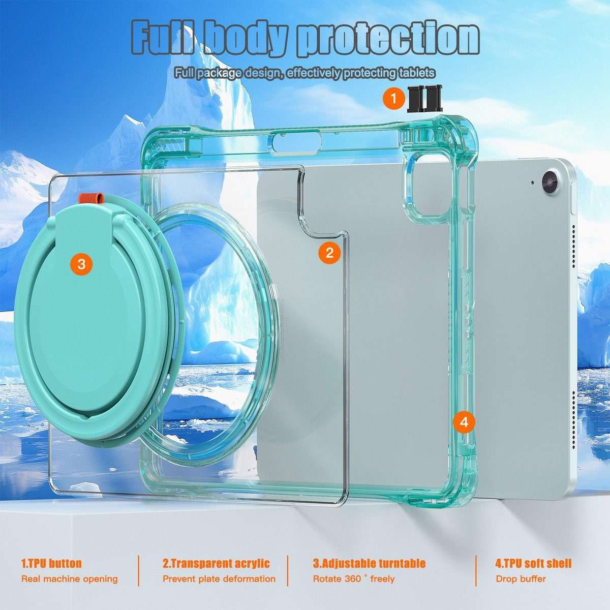For iPad Air 11 2026 / 2025 / 2024 Rotation Ring Handle TPU Hybrid Clear PC Tabl ... (Light Green)