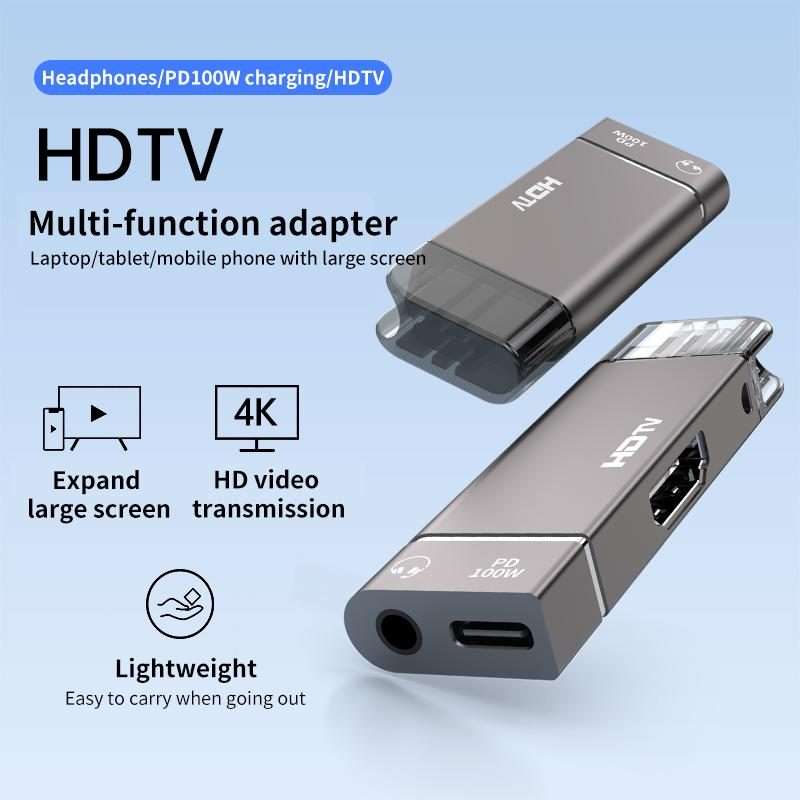 USB-C / Type-C to HDTV, 3.5mm, PD 100W 3 in 1 Multi-function Converter Docking Station(Grey)