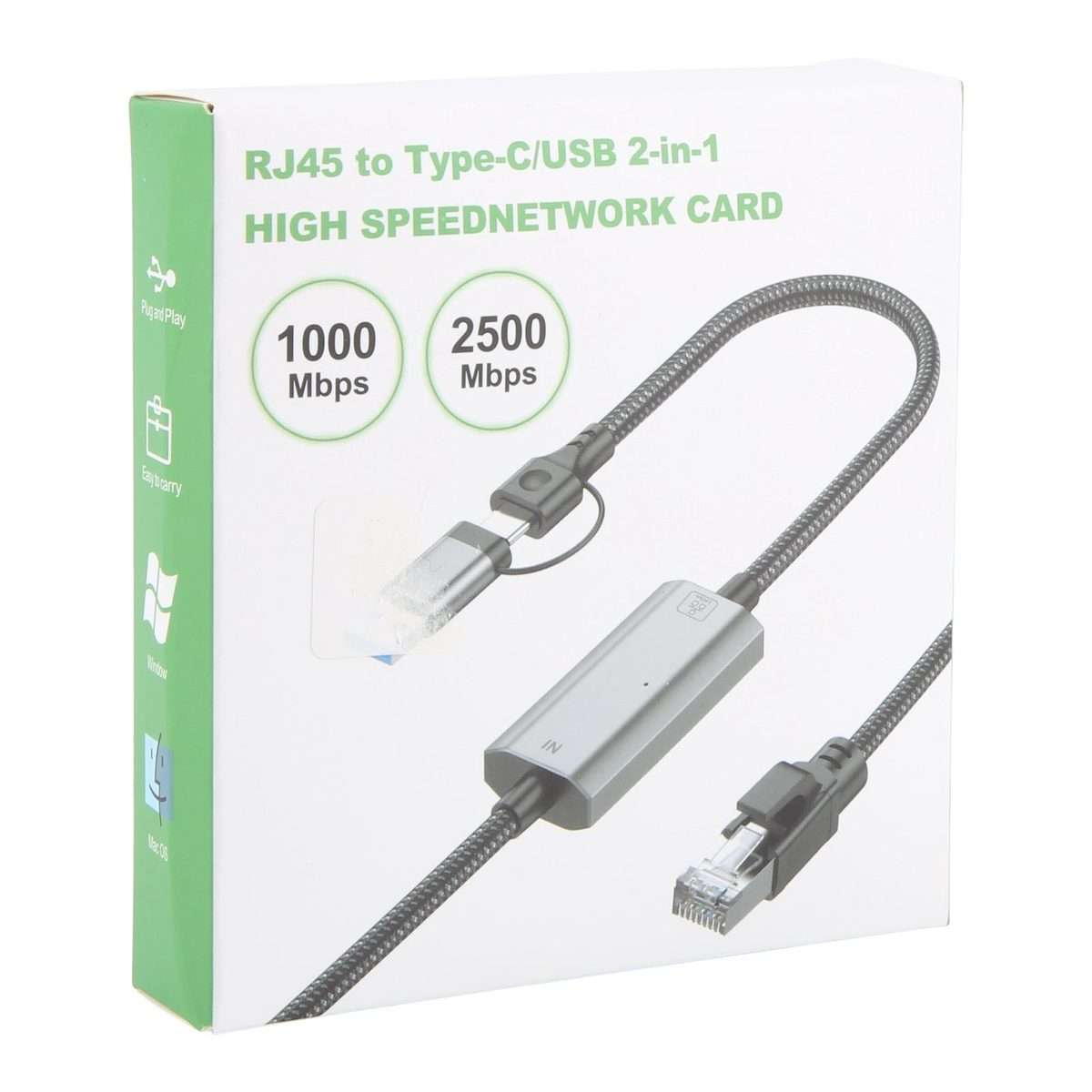 2m RJ45 to Type-C / USB 2-in-1 High Speed Network Card Ethernet Cable