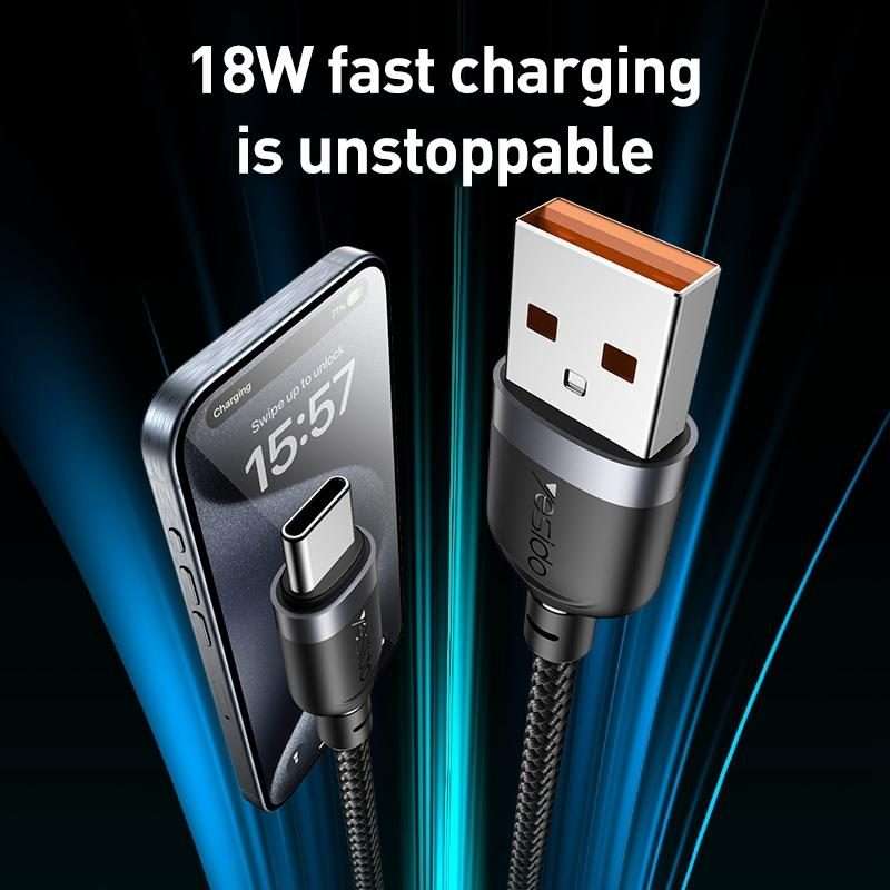 Yesido 3A USB to Type-C Fast Charging Cable, Length:3m(Black)