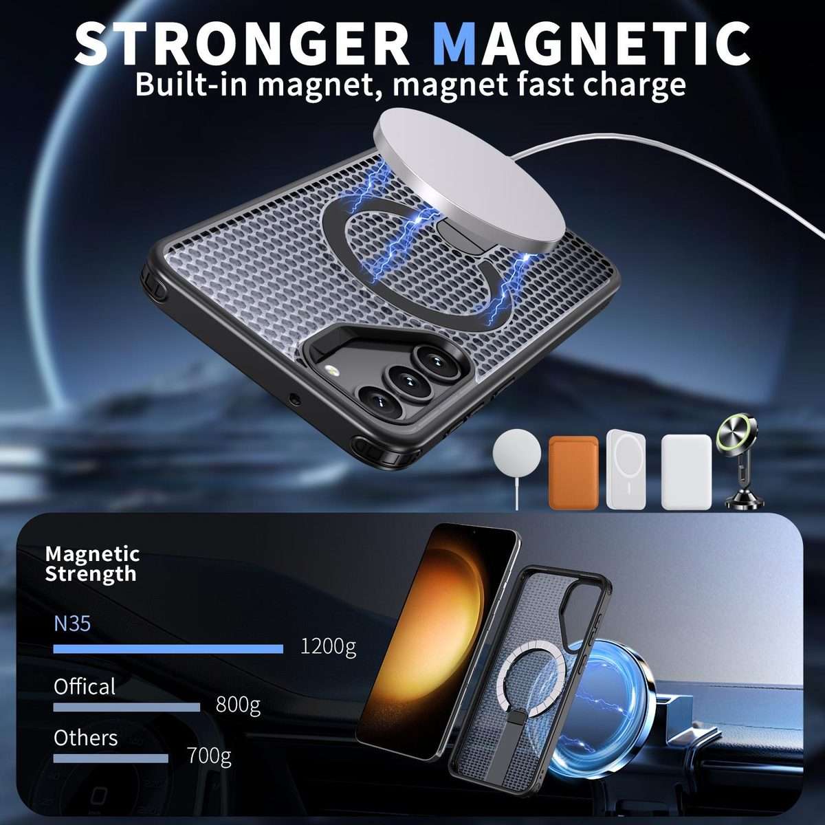 For Samsung Galaxy S23+ 5G Honeycomb Cooling MagSafe Holder Phone Case(Black)