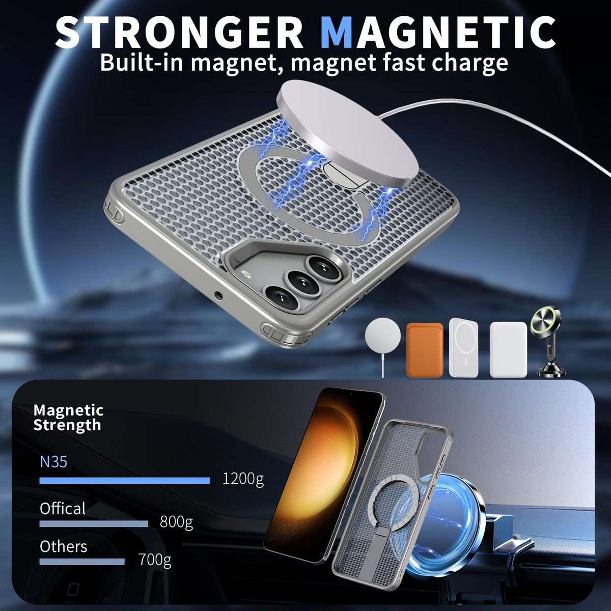 For Samsung Galaxy S23+ 5G Honeycomb Cooling MagSafe Holder Phone Case(Titanium Grey)