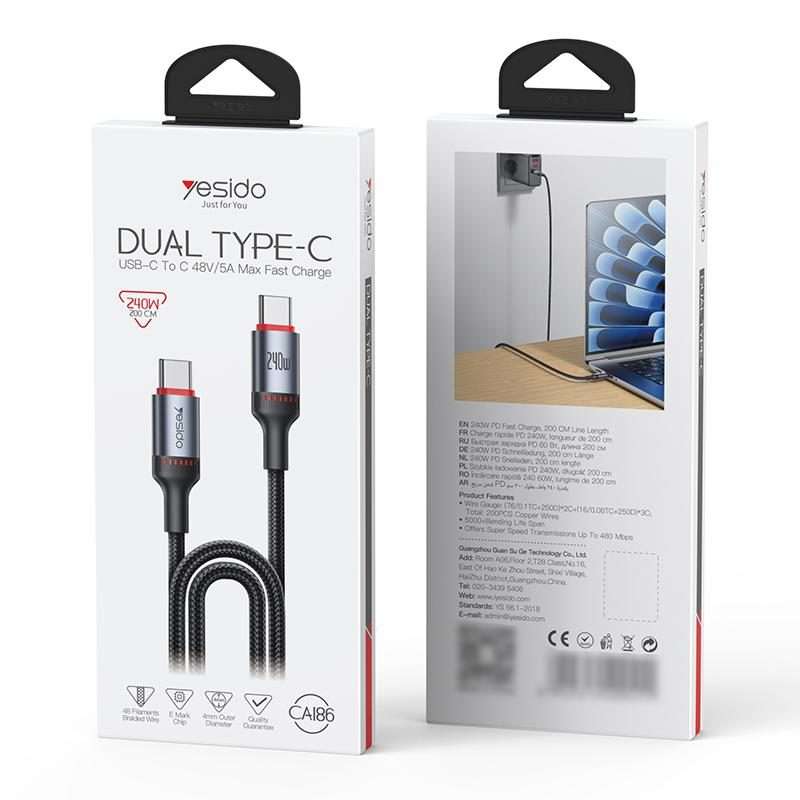 Yesido CA186 240W Type-C to Type-C Aluminum Alloy Data Cable, Length: 2m(Black)
