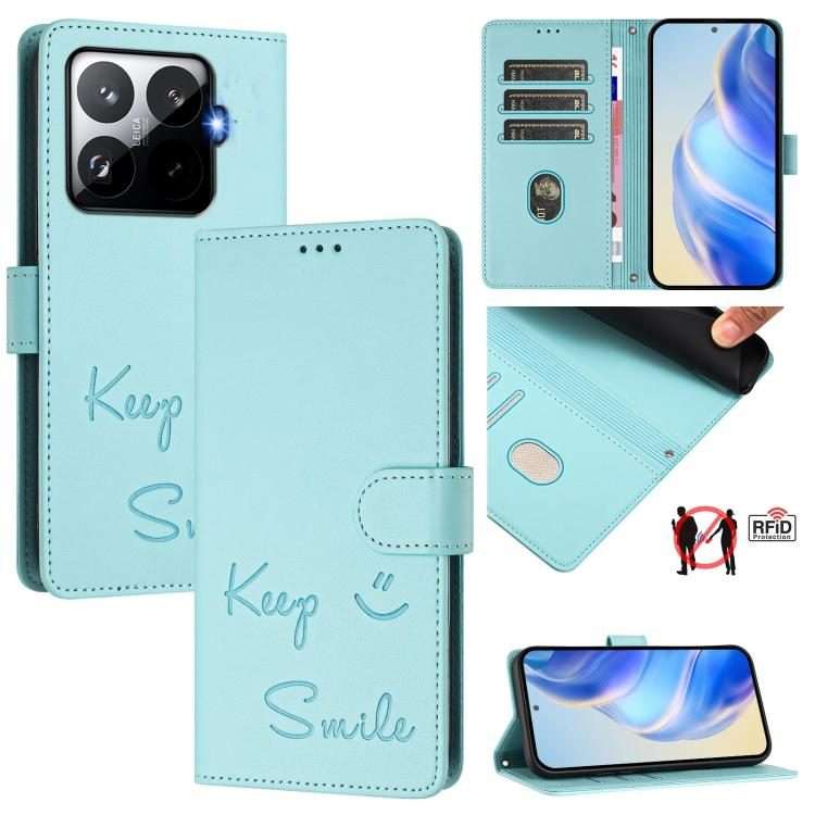 For Xiaomi 15T Pro 5G Smile Embossing RFID Leather Phone Case(Mint Green)