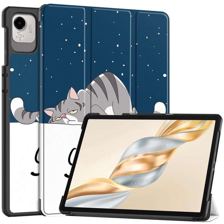 For Honor Pad X9 Pro Custer Painted 3-Fold Holder Leather Tablet Case(Lazy Cat)