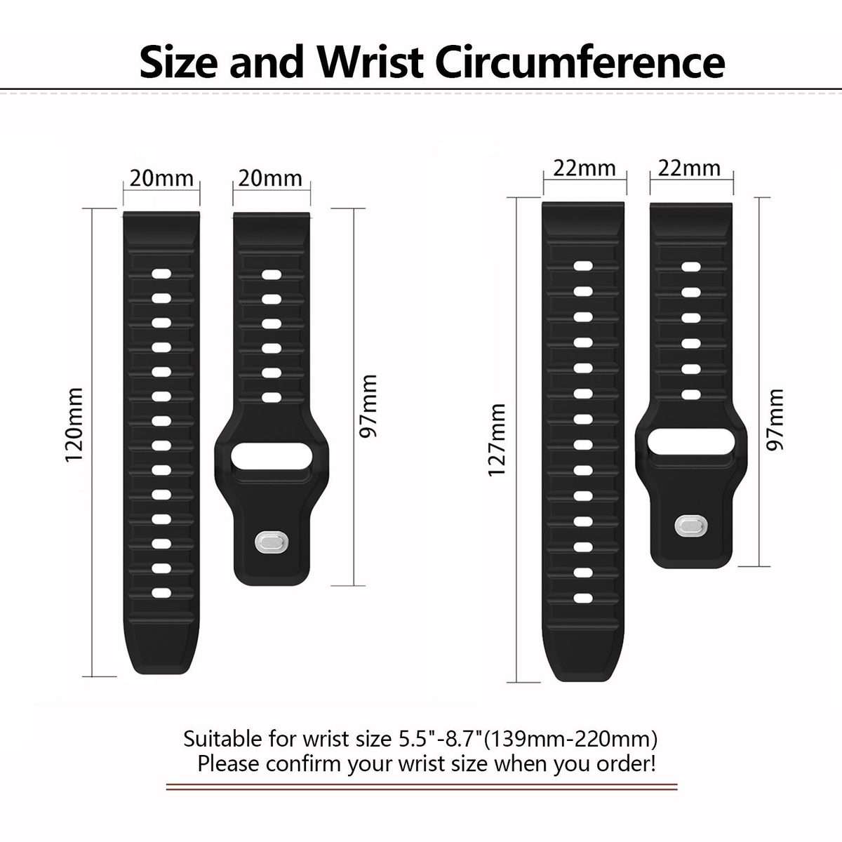 22mm Kalebol Wave Pattern Studded Buckle Silicone Watch Band(Black)