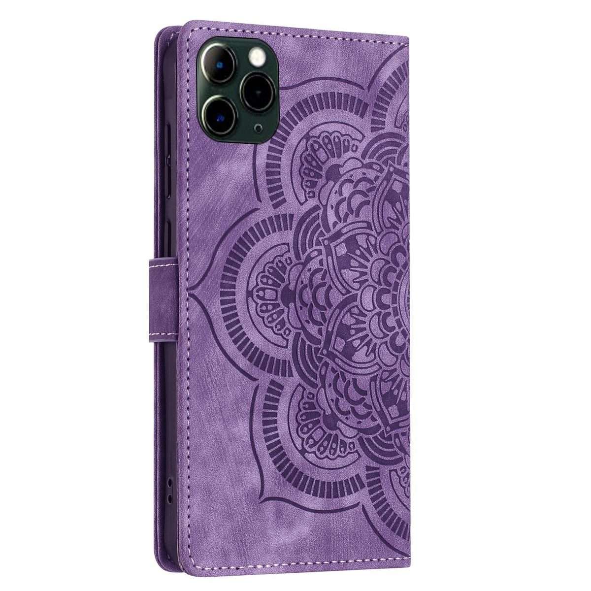 For iPhone 11 Pro Max Mandala Embossed Retro Frosted Leather Phone Case(Purple)