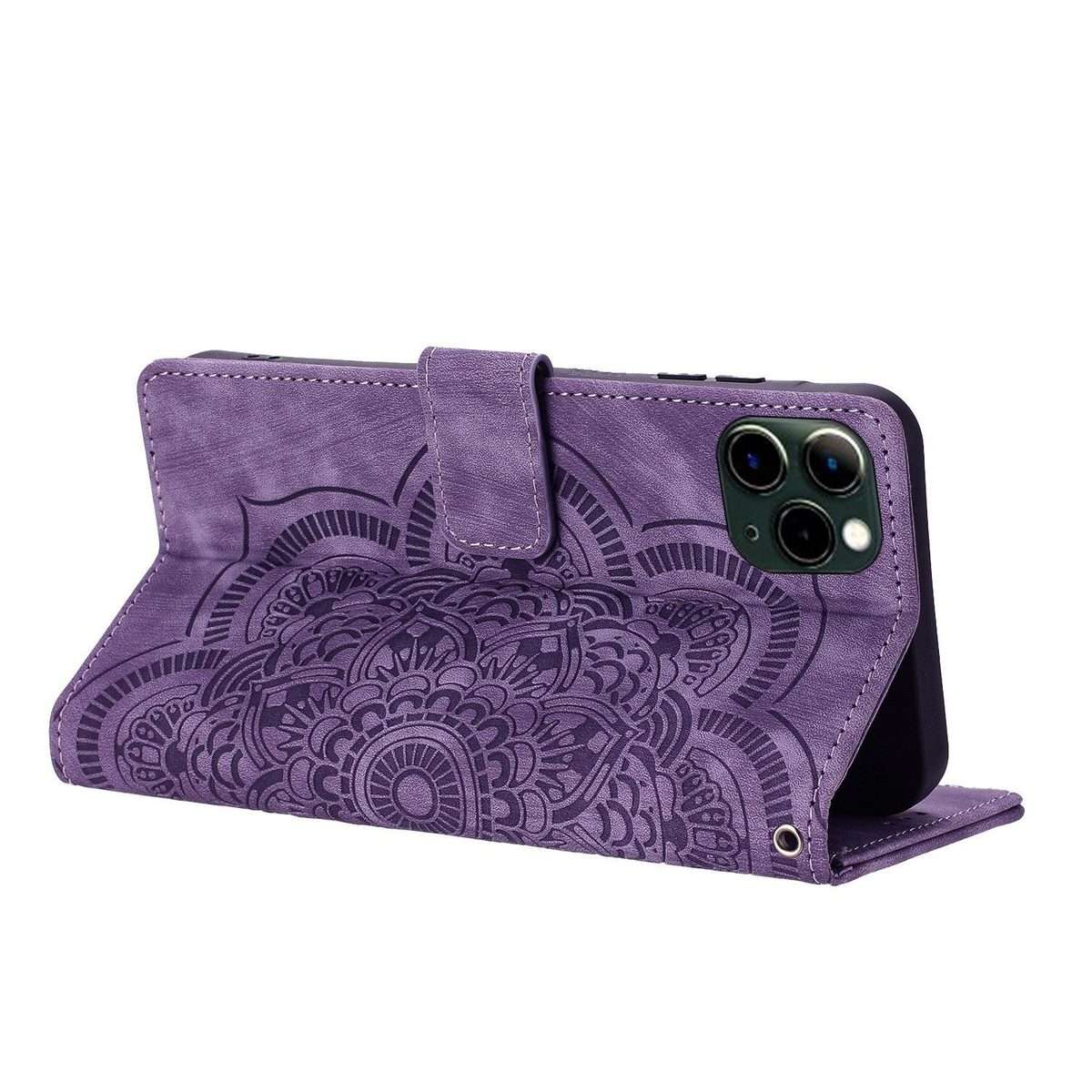 For iPhone 11 Pro Max Mandala Embossed Retro Frosted Leather Phone Case(Purple)