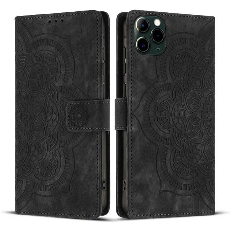 For iPhone 11 Pro Mandala Embossed Retro Frosted Leather Phone Case(Black)