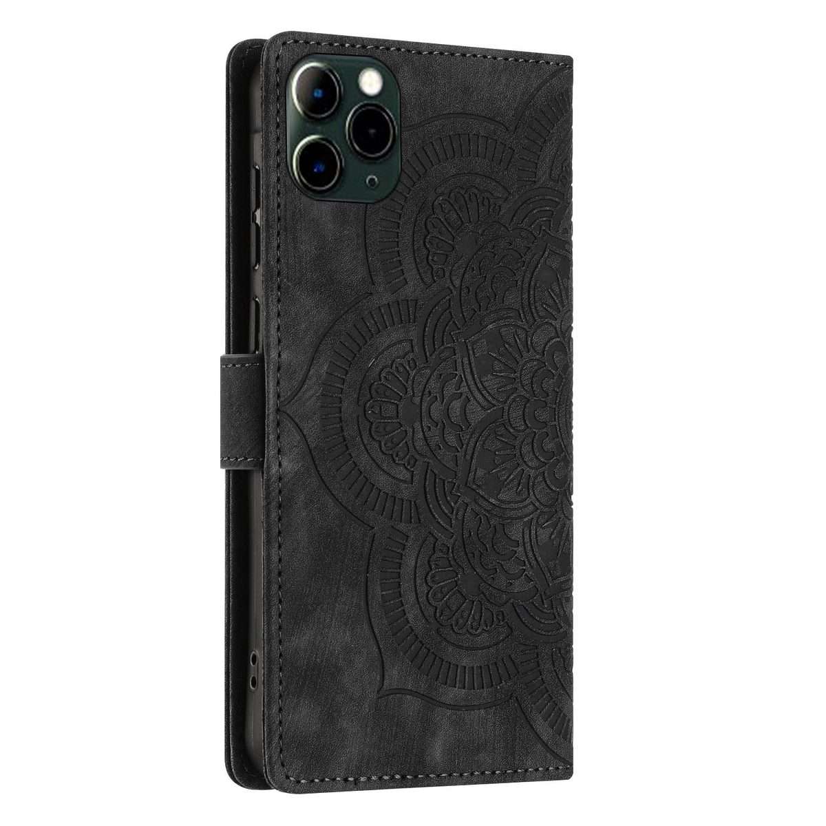 For iPhone 11 Pro Mandala Embossed Retro Frosted Leather Phone Case(Black)