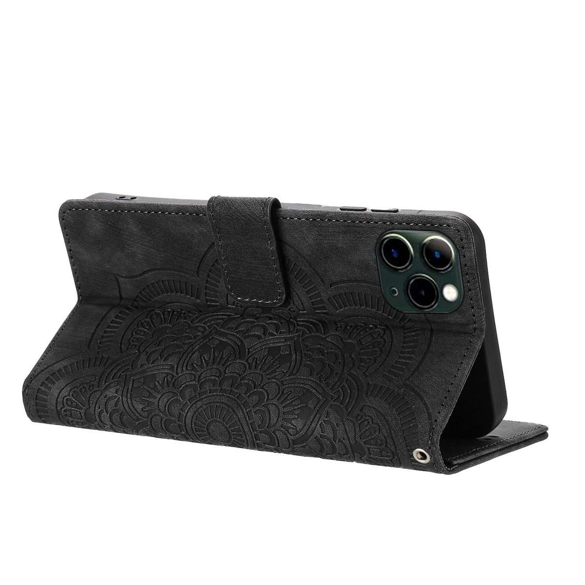 For iPhone 11 Pro Mandala Embossed Retro Frosted Leather Phone Case(Black)