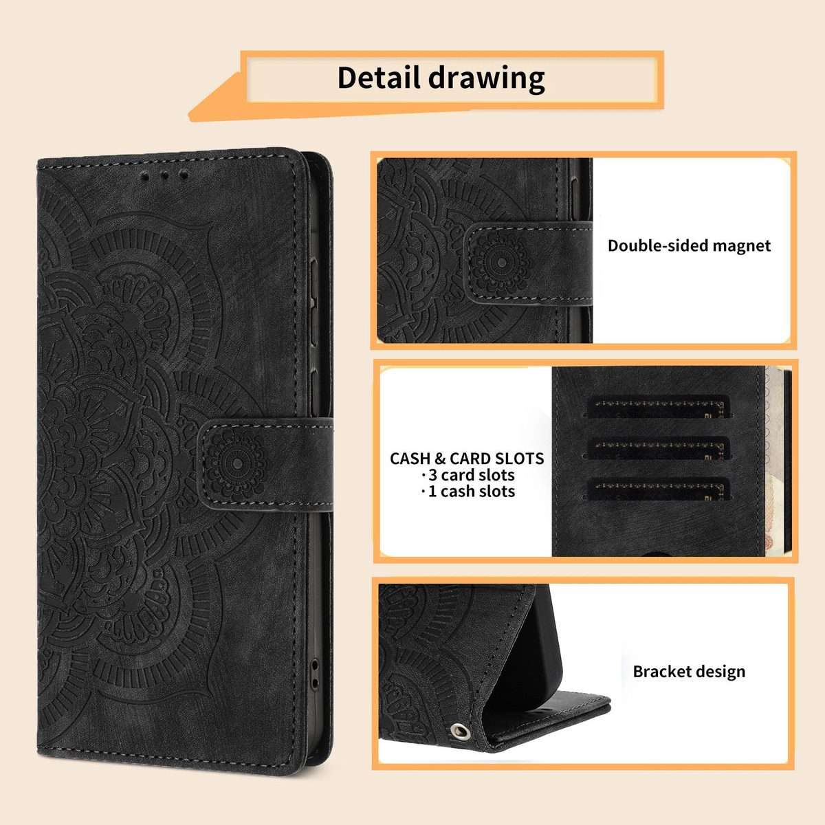 For iPhone 11 Pro Mandala Embossed Retro Frosted Leather Phone Case(Black)