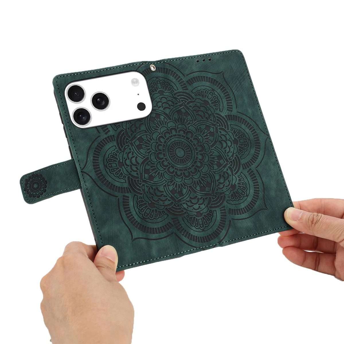 For iPhone 17 Pro Mandala Embossed Retro Frosted Leather Phone Case(Green)